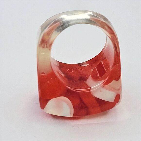 Chunky Square Resin Lucite Ring With Red And White Pill Beads See Through Ring - Picture 5 of 10